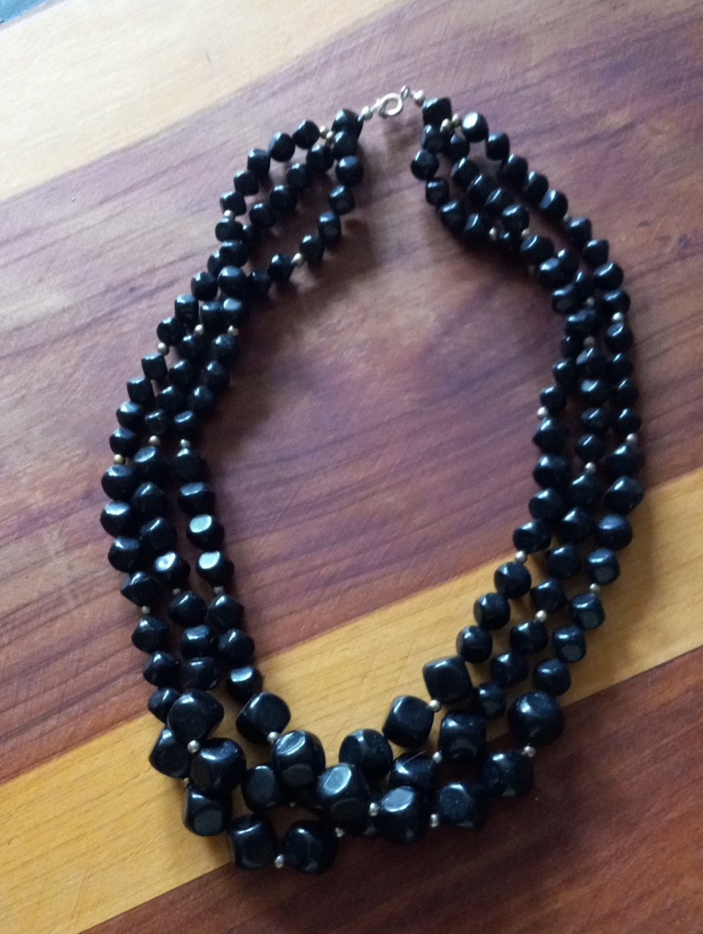 Vintage Triple Strand Black Faceted Bead Layered Chunky Statement Necklace
